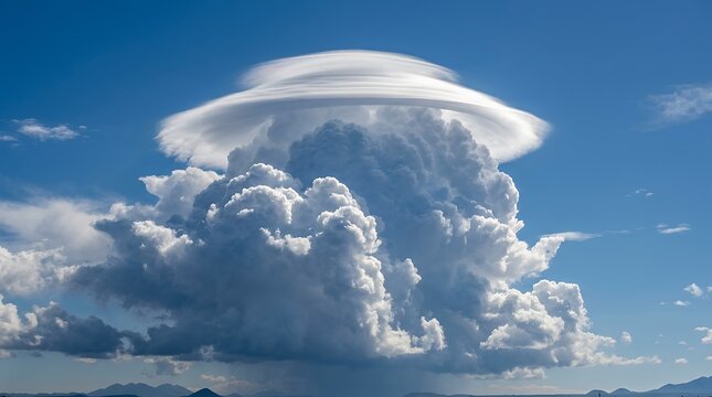 Rare natural meteorological phenomenonsmooth saucer shaped pileus cloud cap hovering over towering cumulus formation in bright clear blue sunny sky creating dramatic surreal atmospheric weather