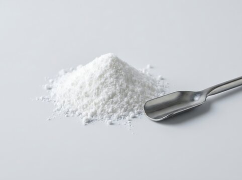 A small pile of white powder sitting next to a metal scoop used for measuring ingredients in a lab. cbd isolate powder