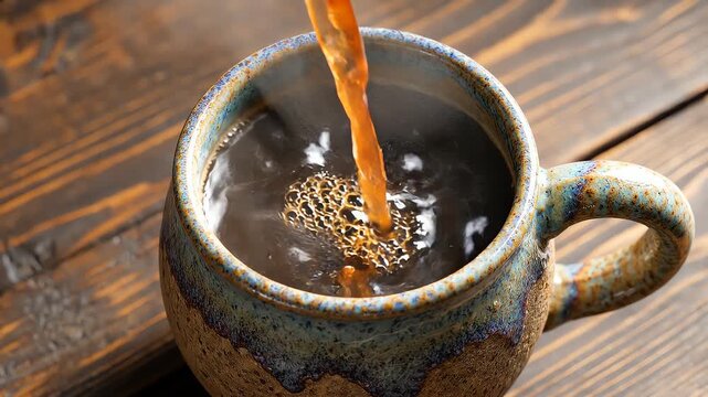 Fresh coffee pouring into ceramic mug