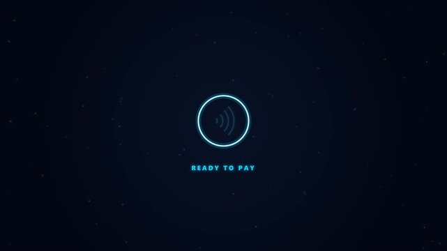 A 4K futuristic dark neon animation of an NFC contactless payment interaction. Features sequential signal pings, a dynamic card tap ripple explosion,.