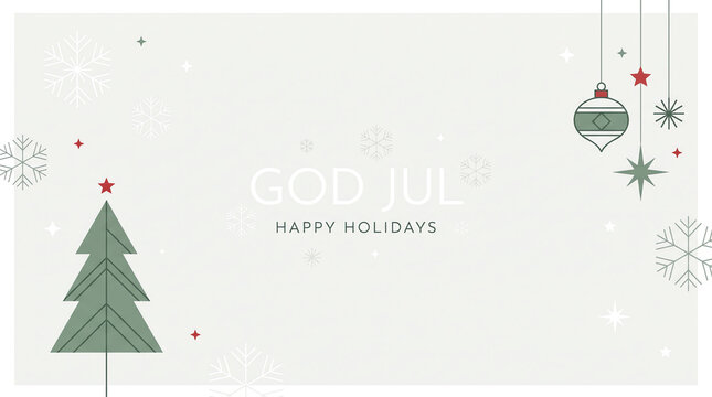 Minimalist Scandinavian Christmas holiday greeting card background featuring a stylized green pine tree, hanging ornaments, snowflakes, and the text God Jul Happy Holidays