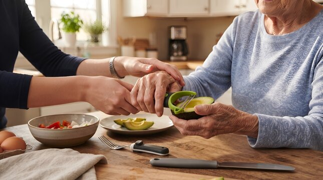 Caregiver Helping Elderly Woman Prepare Healthy Breakfast with Adaptive Kitchen Utensils