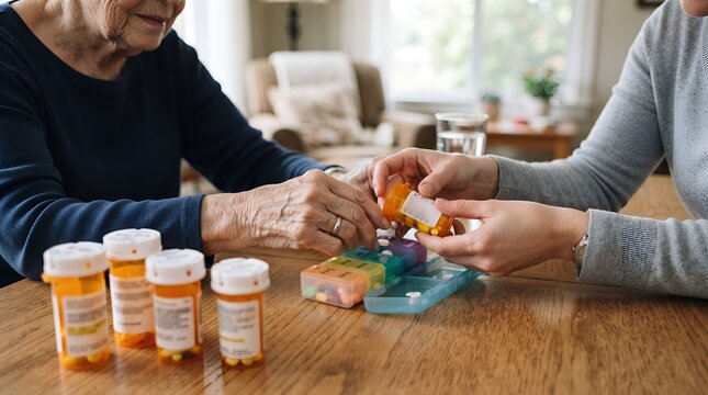 Caregiver Helping Senior Organize Prescription Medicine and Weekly Pill Box at Home