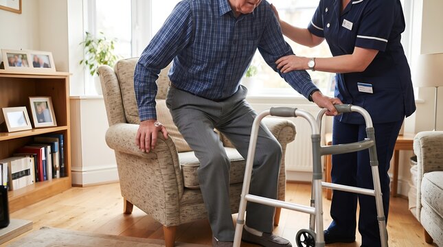 Caregiver Helping Elderly Man Stand Safely with Walking Frame at Home