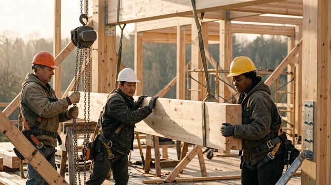 Crew guides a glulam beam into an open timber frame