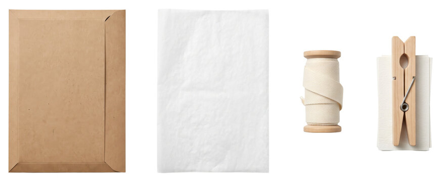 Paper and fastening supplies set on transparent background