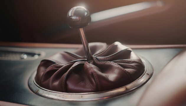 car manual transmission gear stick closeup vintage leather interior sunlight classic vehicle dashboard banner