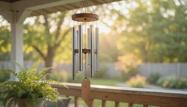 A metal wind chime hangs on a porch railing with soft sunlight filtering through green trees in the background, creating a peaceful outdoor ambiance.