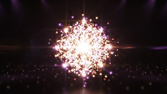 Bright glowing light burst exploding in dark arena space during concert celebration event