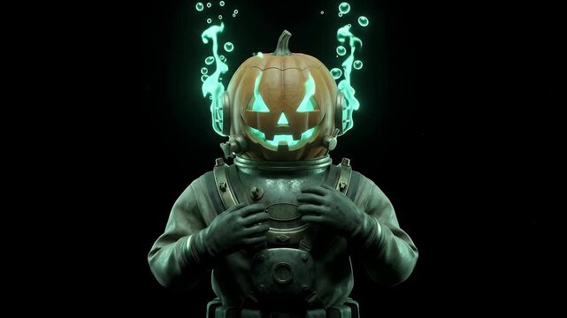 Eerie Cinematic 4K Diver with Glowing Jack O Lantern Head Floating Under Dark Water Featuring Cyan Ethereal Flames and Bubbles