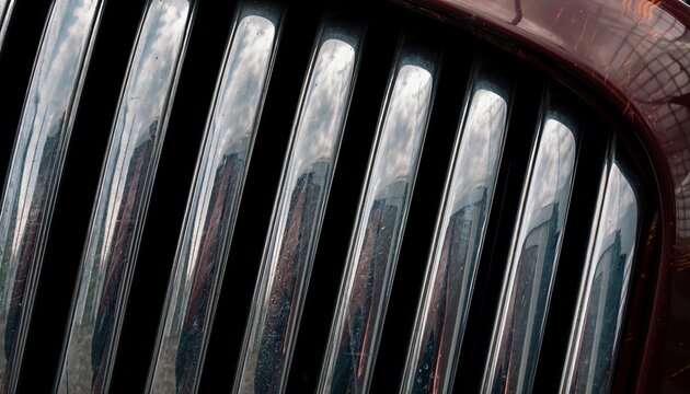 chrome vertical car grille closeup detail for automotive website banner or vintage vehicle editorial background