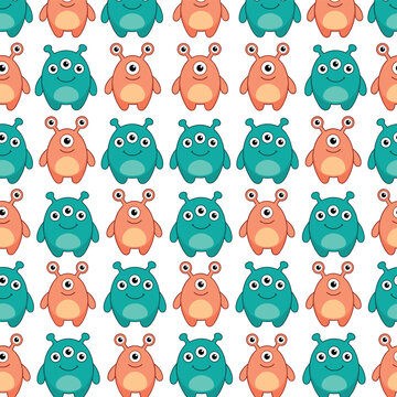 Cute seamless pattern featuring colorful cartoon monsters and funny friendly alien characters on a clean white background
