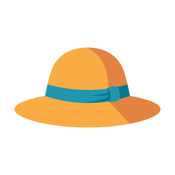 Yellow summer sun hat with a blue ribbon band in flat vector style