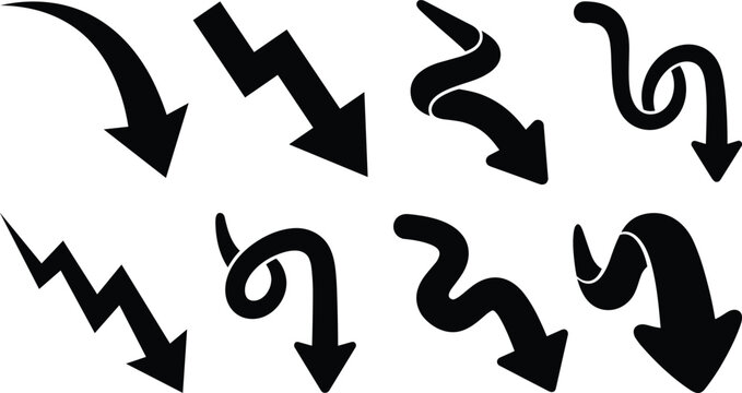 Financial loss economic recession and market decline vector icon set featuring diverse downward falling arrow symbols,