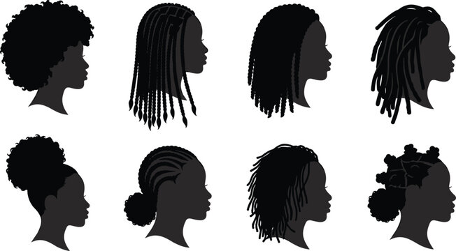 Eight hairstyle silhouette profiles with afro, braids, locs, cornrows, puff bun, and Bantu knots