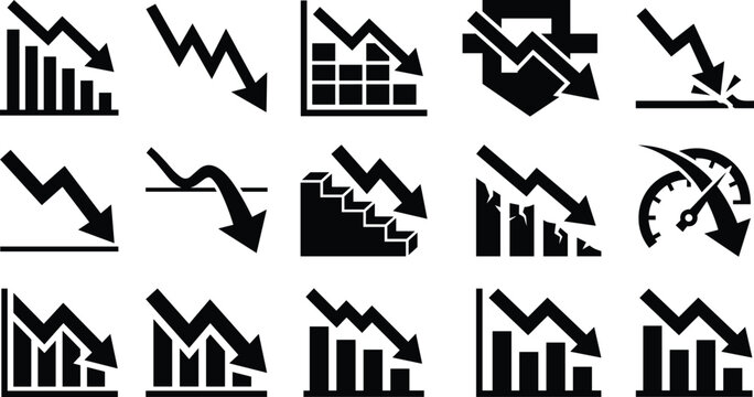 Business economic crisis and financial market crash vector icon set featuring downward trend falling arrow charts,