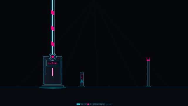 Futuristic cyberpunk-themed automatic parking gate barrier with glowing neon strips, holographic access scanner, digital countdown timer display, and atmospheric sci-fi elements in a seamless 10-secon