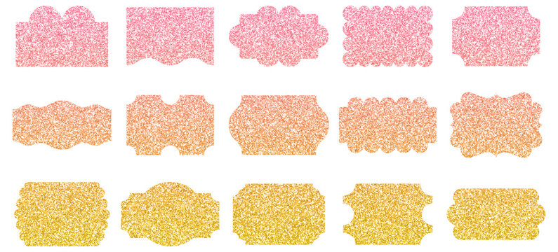 Set of glittery decorative labels and frames in pink, orange, and gold colors, various shapes for scrapbooking, invitations, and design projects