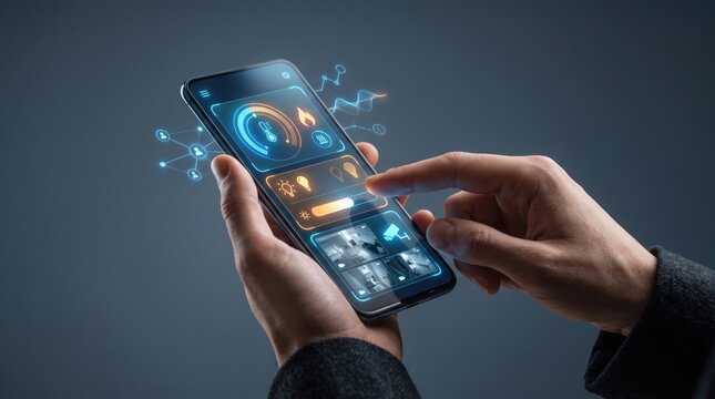 Person controls lighting, climate and home security through a futuristic smart home application on a smartphone, in a detailed contemporary scene
