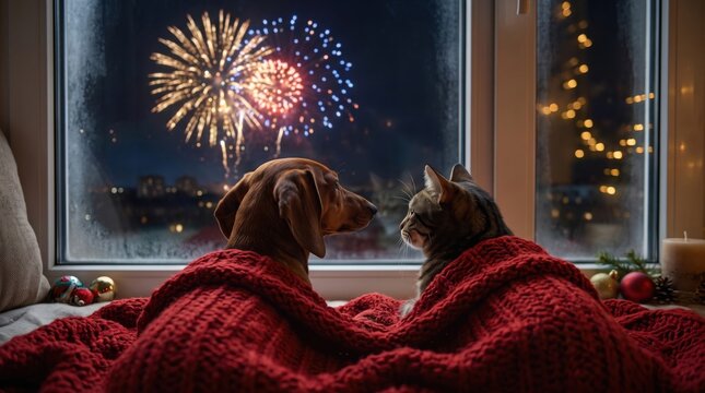 Dog and cat sit under a red blanket watching fireworks through a window during a cozy New Year celebration at home, in a detailed contemporary scene