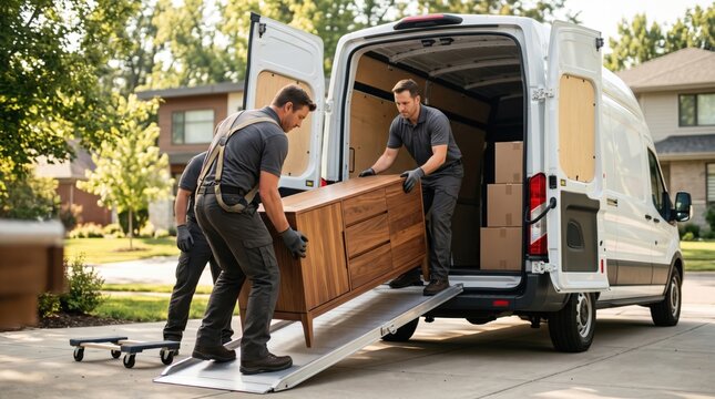 Professional movers load a wooden cabinet into a white van using a ramp during an organized residential relocation, in a detailed contemporary scene