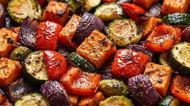 Colorful roasted vegetables with caramelized edges fill the frame in a vibrant close view of a healthy cooked side dish, with strong narrative value