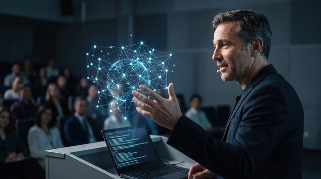 Lecturer presents an artificial intelligence keynote beside a glowing network graphic and laptop before a live audience, with strong narrative value