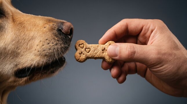 Human hand offers a bone shaped biscuit to an attentive dog in a close training and positive reinforcement concept, in a detailed contemporary scene