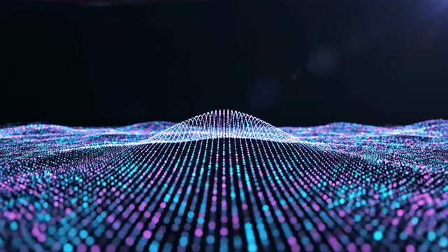 Blue and purple points of light form a wave across a dark digital field, viewed at night in an abstract display with no visible location