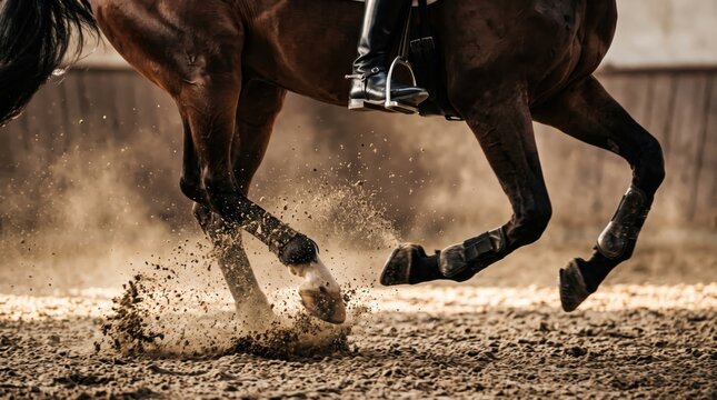 Horse gallops through arena sand in a dramatic low view with dust rising beneath powerful hooves during training, in a detailed contemporary scene