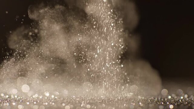 At night, a fountain sends water upward as droplets fall back into the pool, with lights reflecting along the water's edge