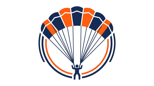 Minimalist vector logo illustration of a person parachuting with an orange and blue canopy.