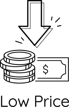 Financial commercial icon depicting reduction symbol with descending arrow above stack of cash coins and banknote