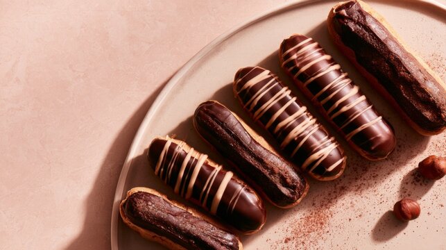 Chocolate eclair assortment with sliced pastries and drizzle on a blush pink plate