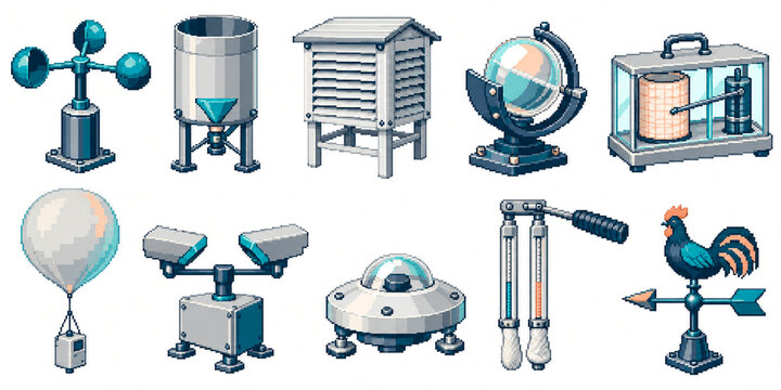 Ten weather instruments in crisp pixel art on white
