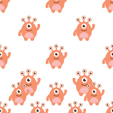 Cute cartoon alien monsters seamless pattern with friendly characters waving