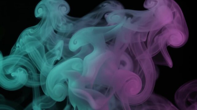 Abstract ink clouds swirling in clear water with cyan and purple gradient colors, slow motion fluid ink splash background