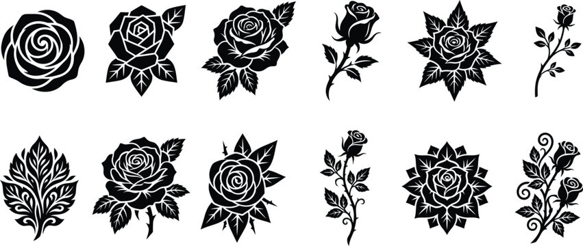 Set of decorative rose with leaves. Flower Black silhoutte Vector illustration 
