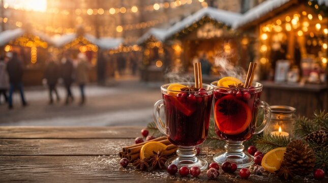 Two glass mugs of hot steaming mulled wine with spices on a rustic wooden table at a winter holiday market