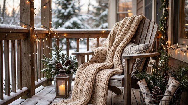 A cozy winter scene with a thick knitted blanket draped over a wooden chair on a snowy porch