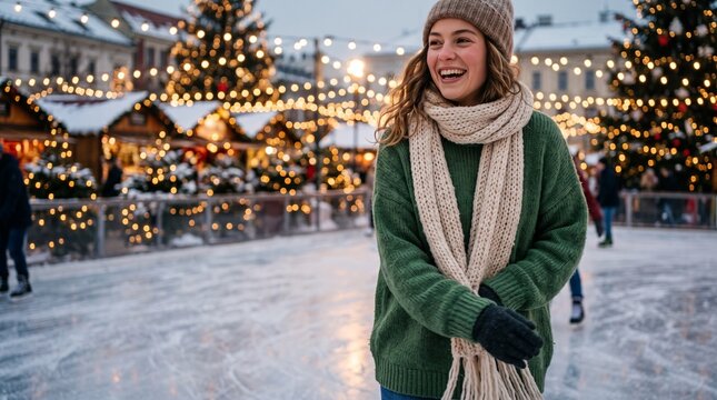 A happy young woman in a thick knitted green sweater and scarf ice skating at an outdoor festive rink