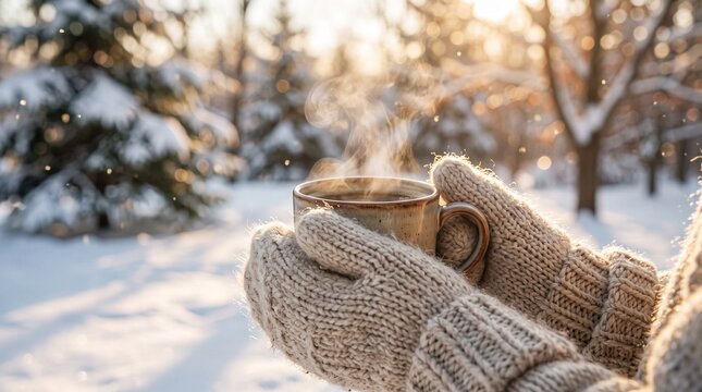 Close up of hands wearing chunky knit mittens holding a steaming mug of hot coffee in a snowy winter forest