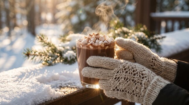 Close up of hands in delicate openwork knitted gloves holding a glass of hot chocolate with marshmallows in the snow
