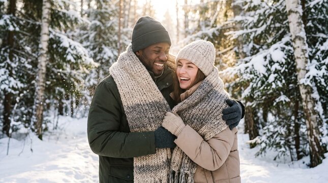 A romantic diverse couple African American man and Caucasian woman wrapped in a large knitted scarf in a snowy forest