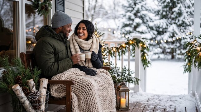 A happy African American man and Indian woman sitting together on a snowy porch holding mugs of hot drinks