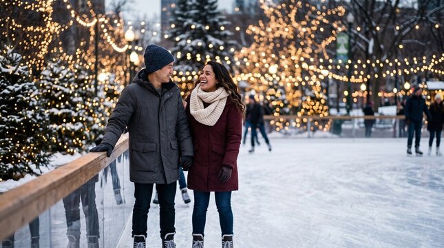 A cheerful diverse couple Asian man and Hispanic woman ice skating together at an outdoor holiday rink