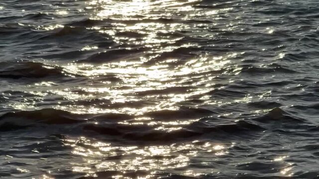 Golden Sunlight Reflection Shimmering on Dark Sea Water Waves Surface