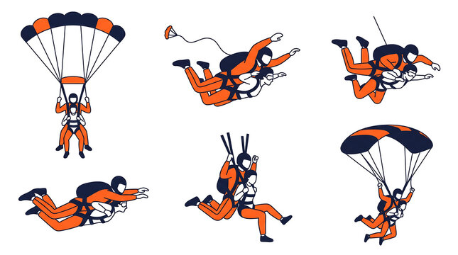 Set of tandem skydivers in freefall and with open parachutes flat vector illustration.