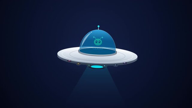 Cartoon alien ufo spacecraft flying in space on dark background