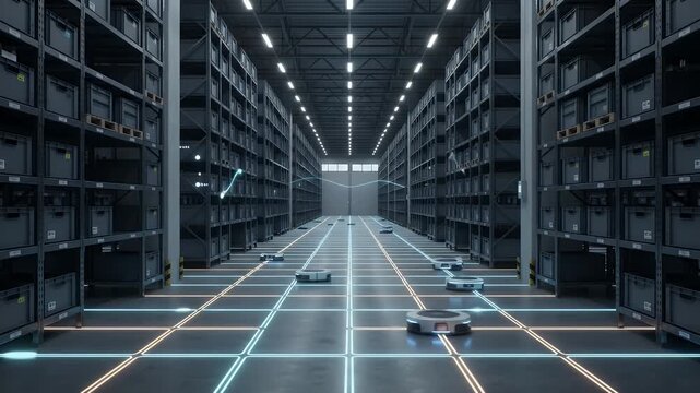Autonomous Robotics Warehouse with Glowing Pathways - This video depicts a modern warehouse equipped with generic autonomous robotic units navigating along glowing paths.